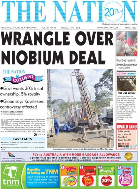 Wrangle Over Niobium Deal, The Nation, 3 May 2013