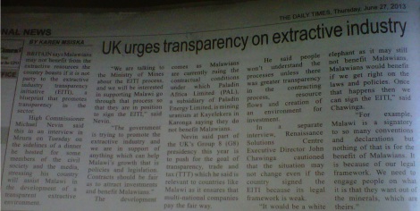 UK urges transparency on extractive industry (The Nation, 27 June 2013)