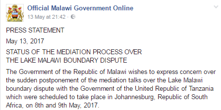 20170513 Press Statement Statuse of Mediation Process over Lake Malawi Boundary Dispute
